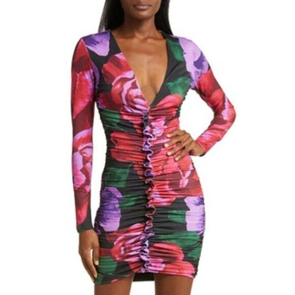 AFRM Phillipa Dress Floral Print Long Sleeve Ruched Bodycon Mini NWT M - Picture 1 of 12